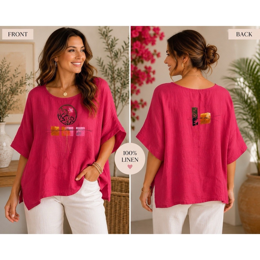 ODILE 100% Linen Boxy Top Blouse Women's Medium Coral Pink Art Print -3345
